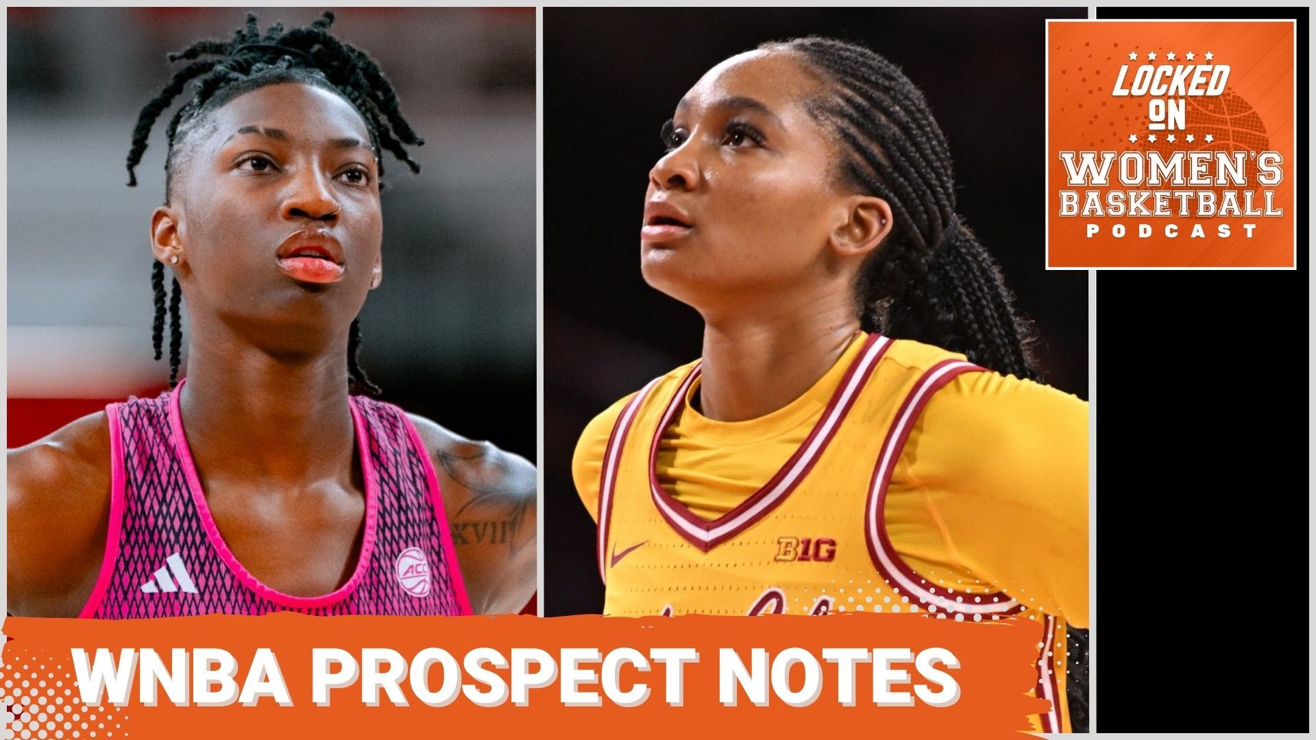 Graphic with two side by side photos of WNBA prospects Saniya Rivers (left, NC State) and Kiki Iriafen (right, USC). Both look toward the basket during games for their teams. Locked On Women's Basketball logo at top right. White text on orange background reads "WNBA prospect notes".