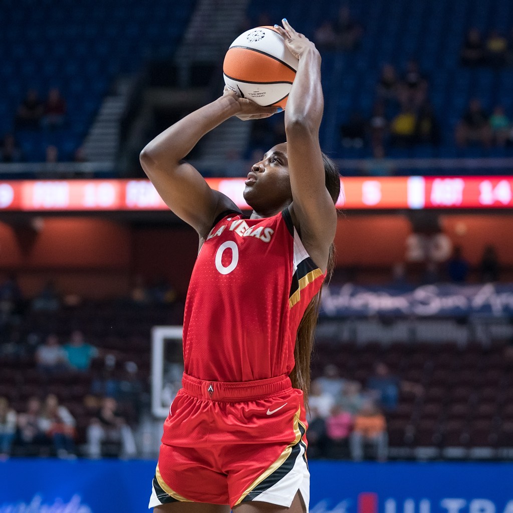 Las Vegas Aces guard Jackie Young locks her eyes on the rim and prepares to shoot.