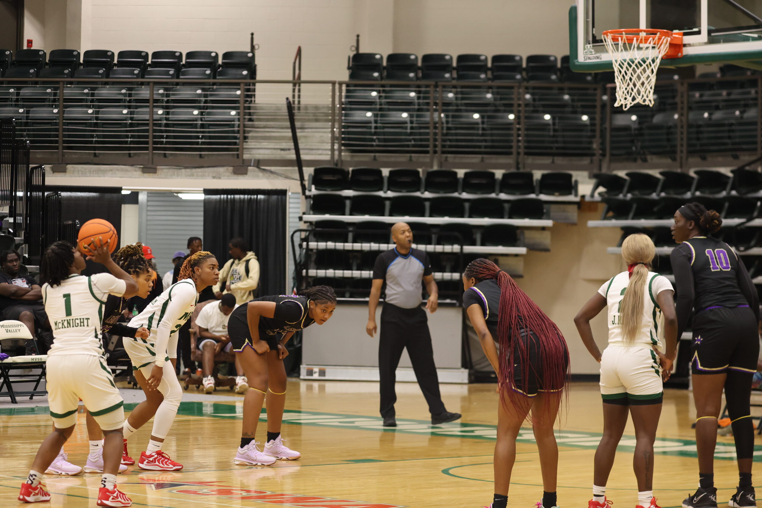 Mississippi Valley State guard Sh'Diamond McKnight (with the ball) prepares to shoot a foul shot against Prairie View A&M during a game in the 2023-24 season.
