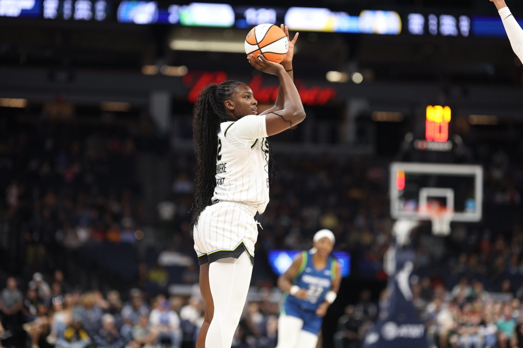 Chicago Sky small forward Michaela Onyenwere rises up to shoot a jump shot.