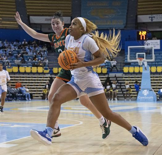 Southern's Aniya Gourdine drives to the basket in a game against Florida A&M during the 2023-24 season.