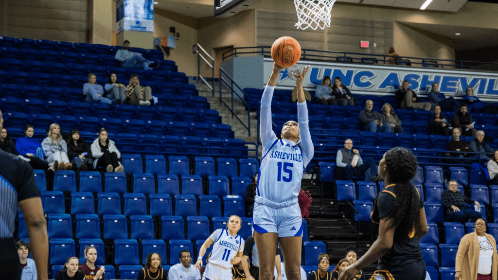 UNC Asheville's Briauna Thompson attempts a shot during a Big South regular season game against Winthrop during the 2023-24 season.