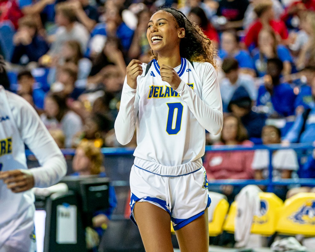 Delaware's Rebecca Demeke smiles following a non-conference victory over Colgate on Tuesday, Nov. 19, 2024