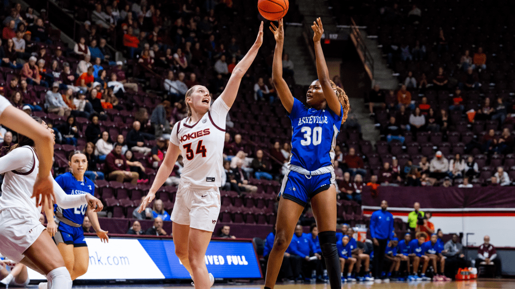 UNC Asheville freshman Deb Oriangbena attempts a shot in a road game at Virginia Tech on Wednesday, November 13, 2024.