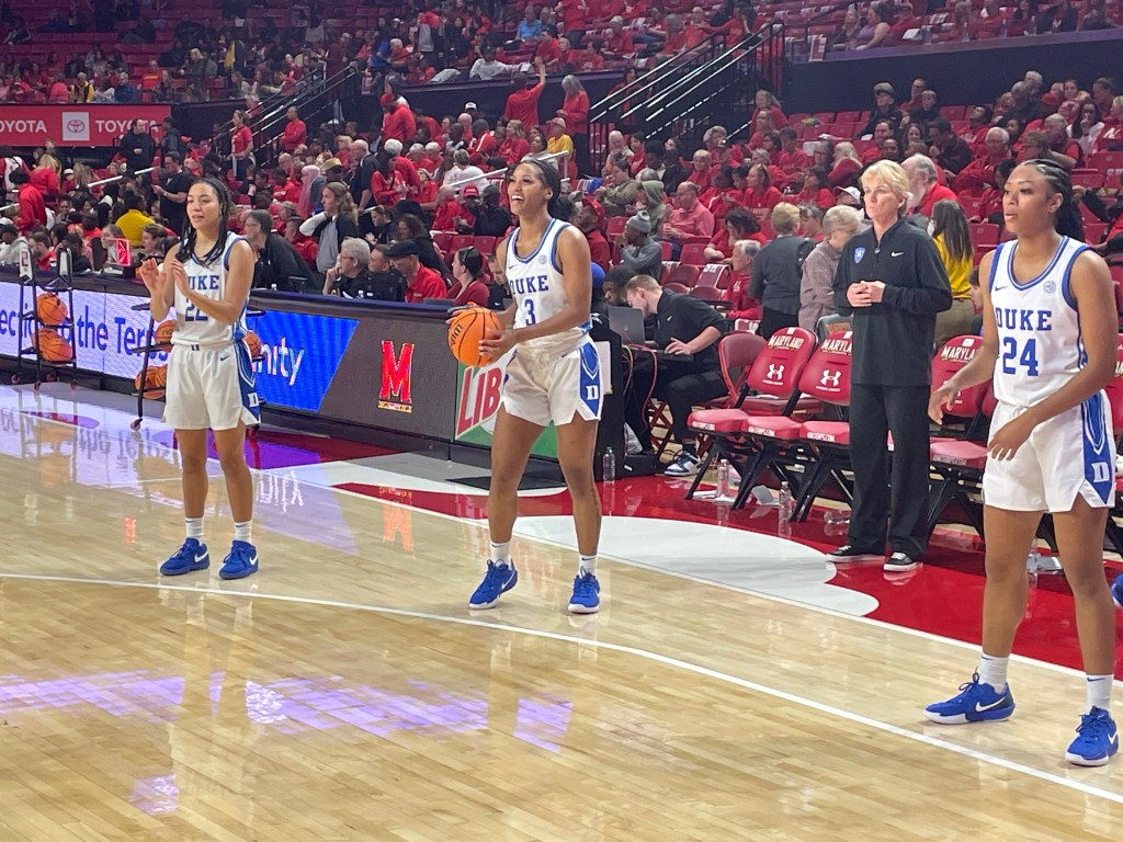 Three of Duke's top returnees during halftime against Maryland from left to right: <a rel=