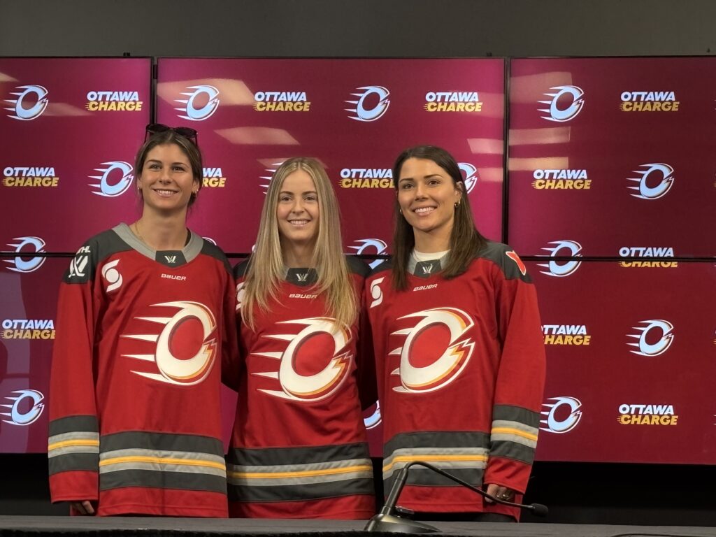 Three athletes are featured wearing red and white Ottawa Charge jerseys, posting in front of a team background that features the logo