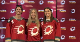 Three athletes are featured wearing red and white Ottawa Charge jerseys, posting in front of a team background that features the logo