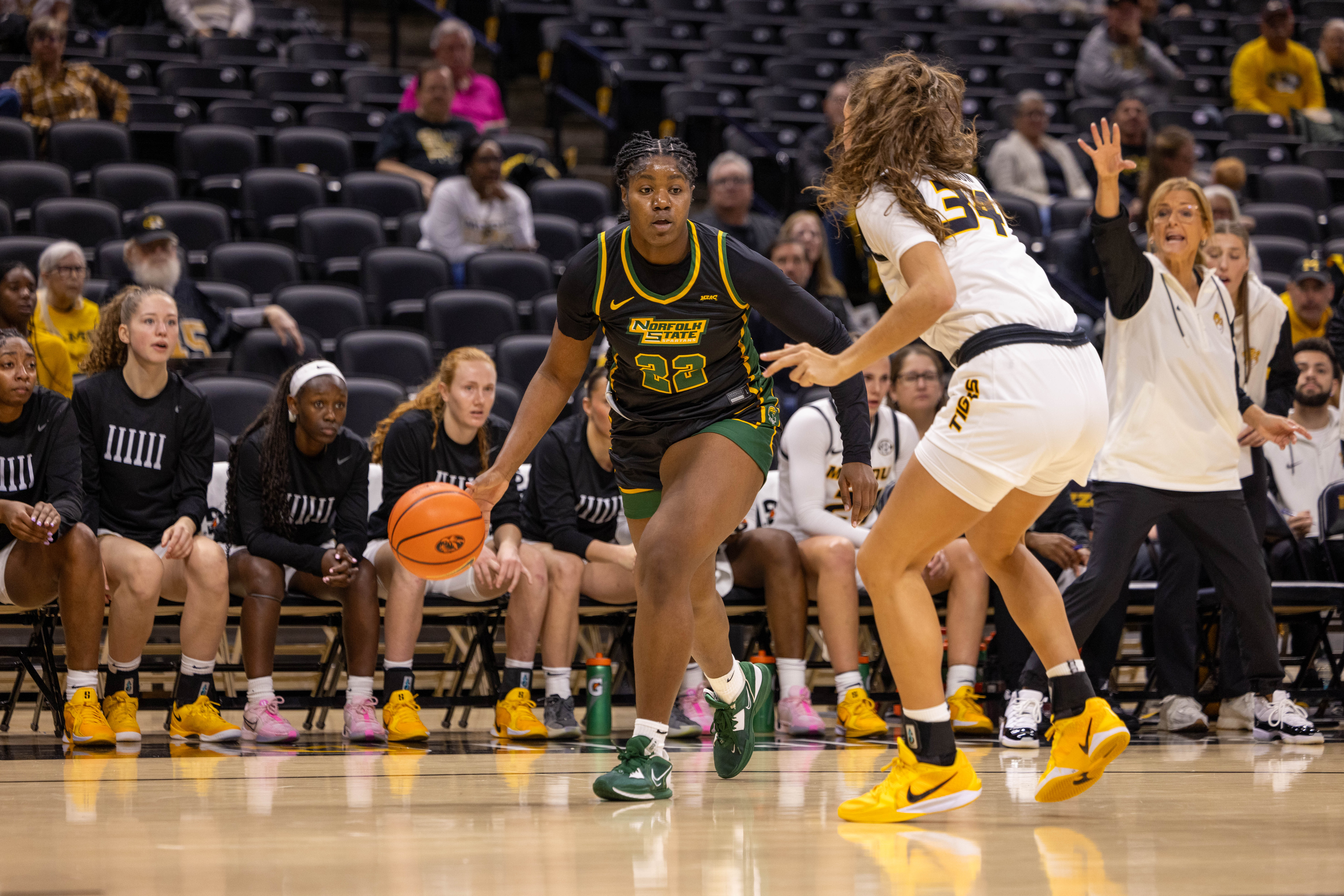 Norfolk State's Kierra Wheeler (left with ball) looks to make a move against Missouri during a road game on Sunday, Nov. 10, 2024 in Columbia, Missouri.