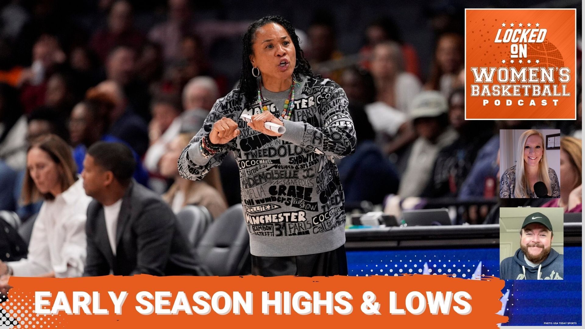 Dawn Staley is pictured in a Locked on WBB podcast promotional image with the title "Early Season CBK season highs and lows"