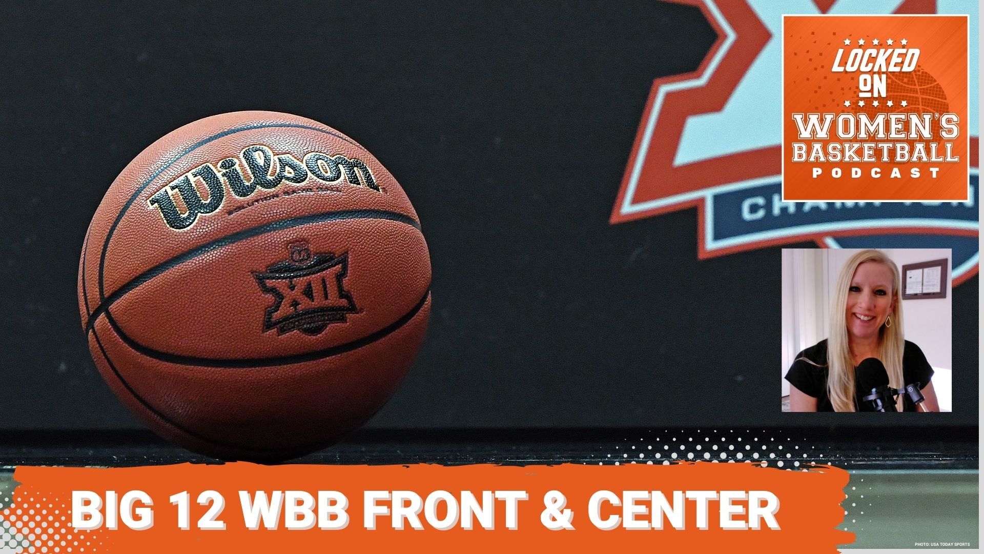 Photo of a basketball with the Big 12 Conference logo on it. Text overlay Big 12 WBB front & center. There is a Locked On Women's Basketball podcast logo in the top right and a small picture of host Missy Heidrick beneath it.