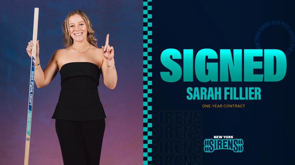 Sarah Fillier smiles while holding a hockey stick. Text reads: 'SIGNED SARAH FILLIER ONE-YEAR CONTRACT'.