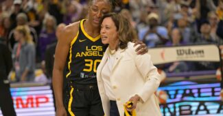 Nneka Ogwumike and Kamala Harris embrace.