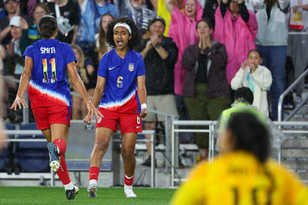 Lily Yohannes celebrates after scoring a goal