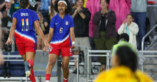 Lily Yohannes celebrates after scoring a goal