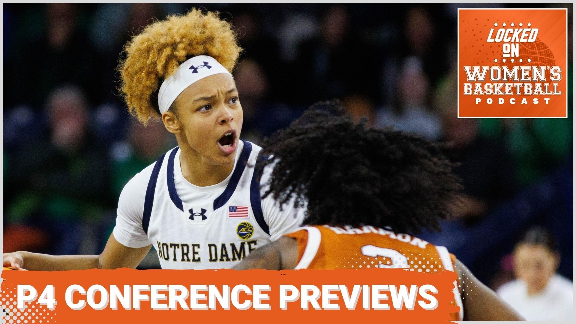 A graphic features a photo of Notre Dame guard Hannah Hidalgo handling the ball against Texas. The text "P4 conference previews" is overlaid at the bottom in all caps, and the orange Locked On Women's Basketball logo is in the top right corner.
