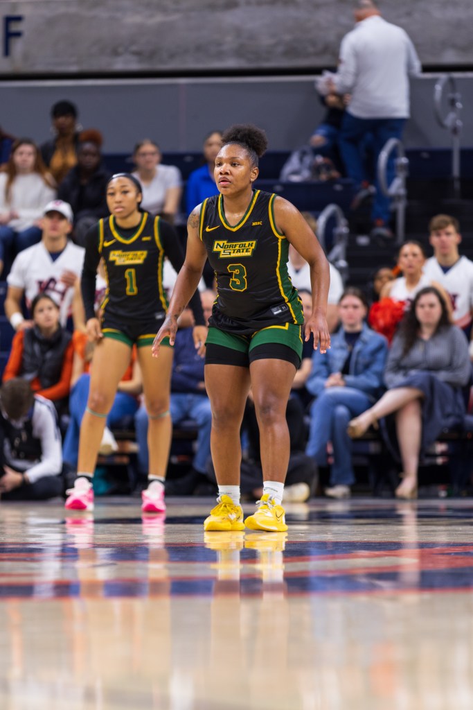 Diamond Johson and Da'Brya Clark play defense against Auburn on December 29, 2024. (Photo credit: Fonnae Webb, Norfolk State Athletics)
