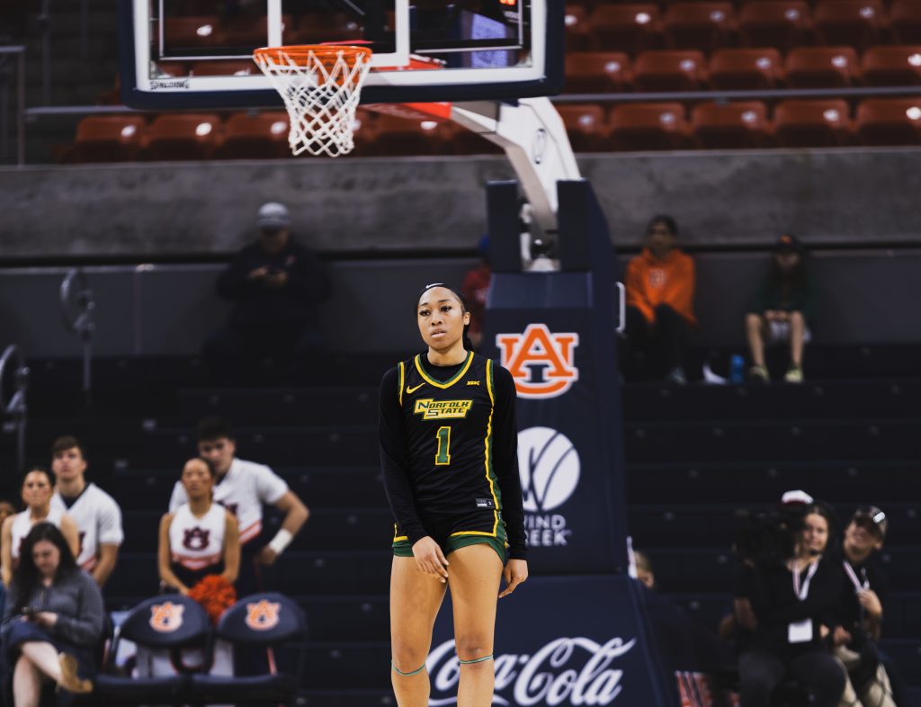 Da'Brya Clark pauses during a road game at Auburn on Sunday, Dec. 29, 2024. (Photo credit: Fonnae Webb, Norfolk State Athletics)