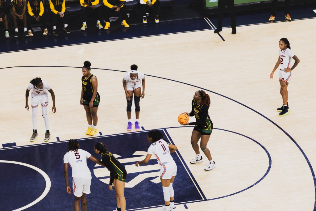 Norfolk State's Makoye Diawara attempts a foul shot at Auburn on Sunday, Dec. 29, 2024. (Photo credit: Fonnae Webb, Norfolk State Athletics)