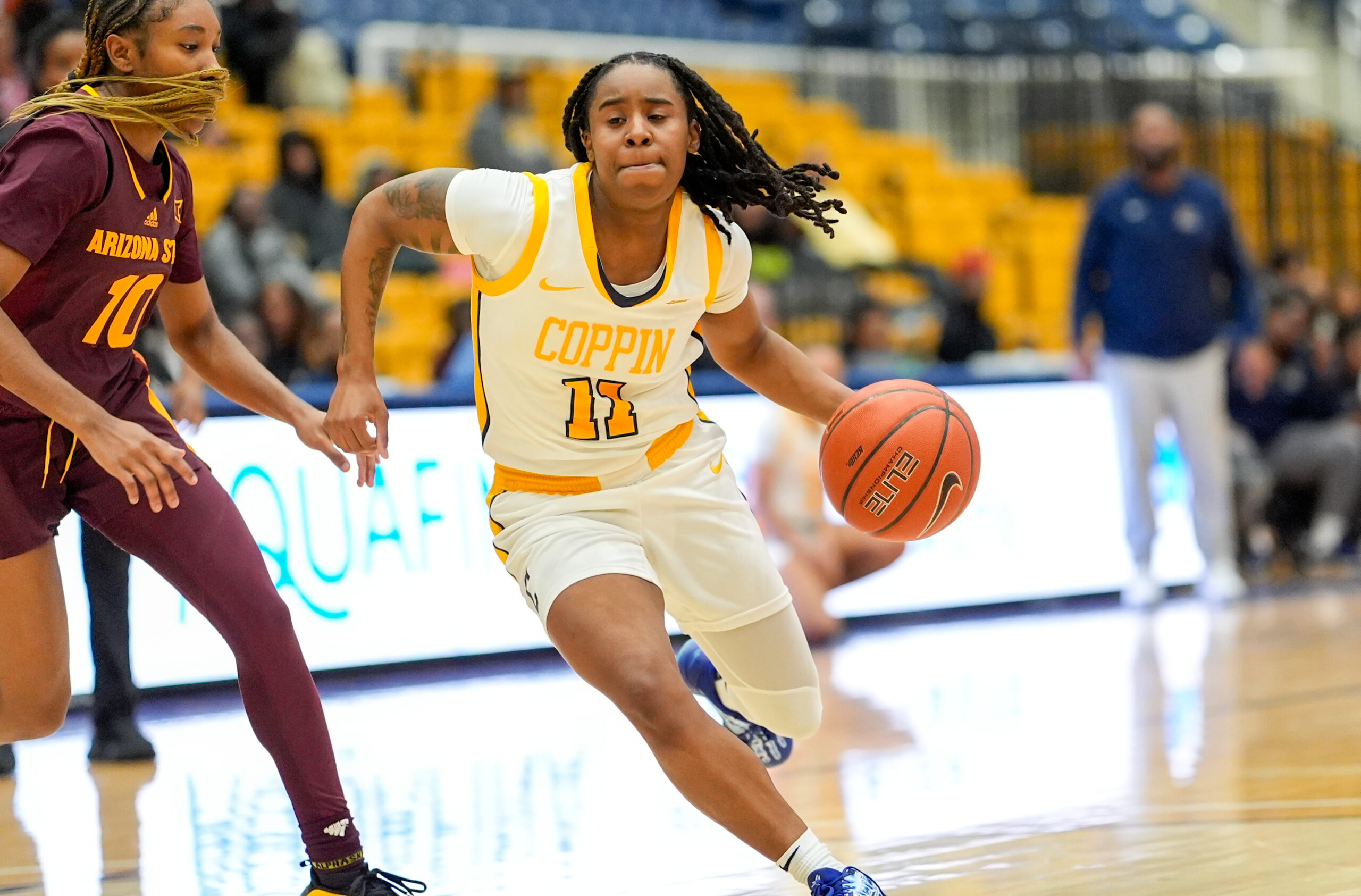 Coppin State guard Angel Jones dribbles against Arizona State in a game on Thursday, Dec. 5 in Baltimore.