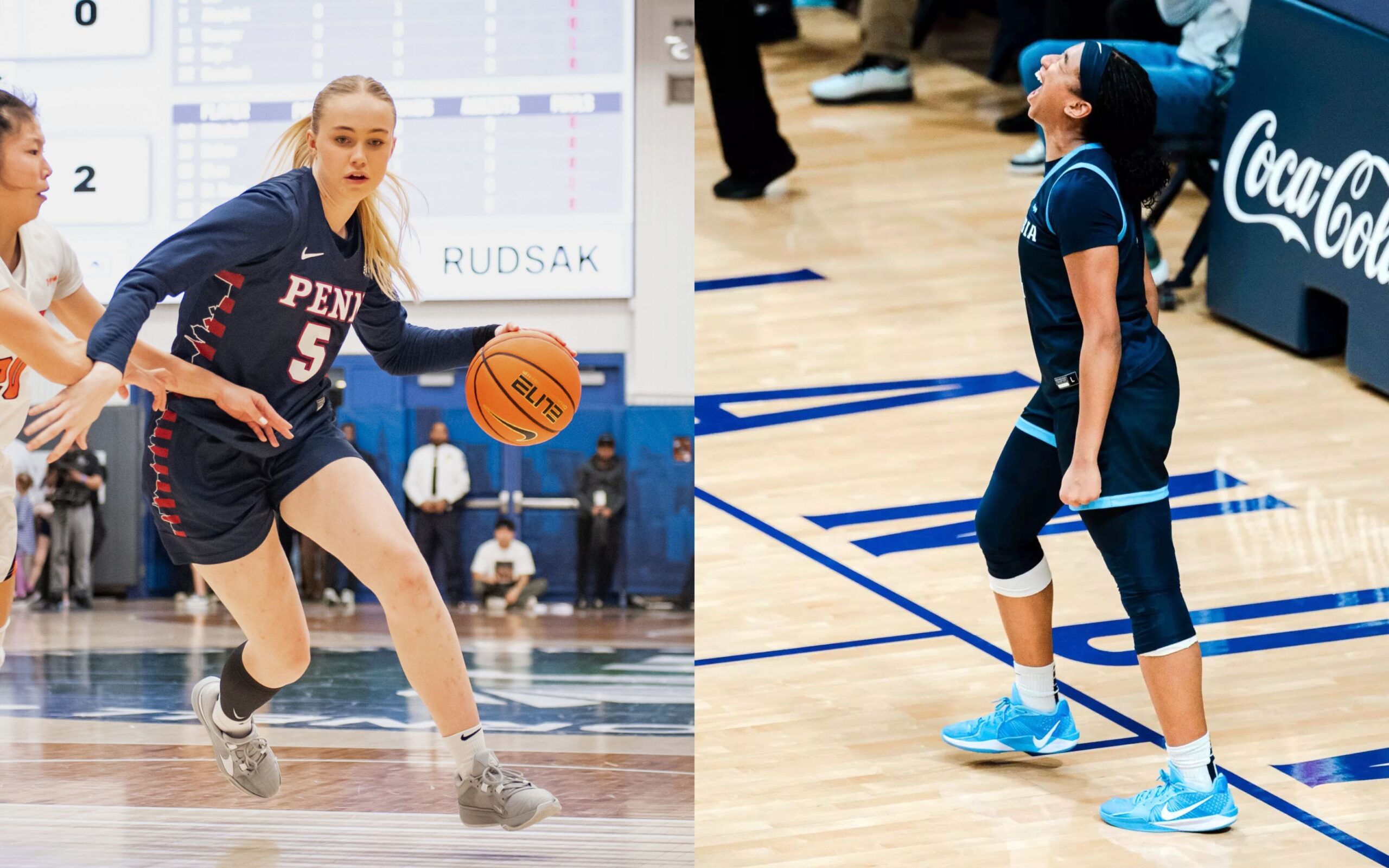 Two photos of Ivy League women's basketball players are shown side-by-side. On the left, Penn guard Stina Almqvist dribbles the ball with her left hand with a defender on her right hip. On the right, Columbia guard/forward Perri Page tilts her head up, closes her eyes and yells in celebration. Her fists are clenched at her sides.