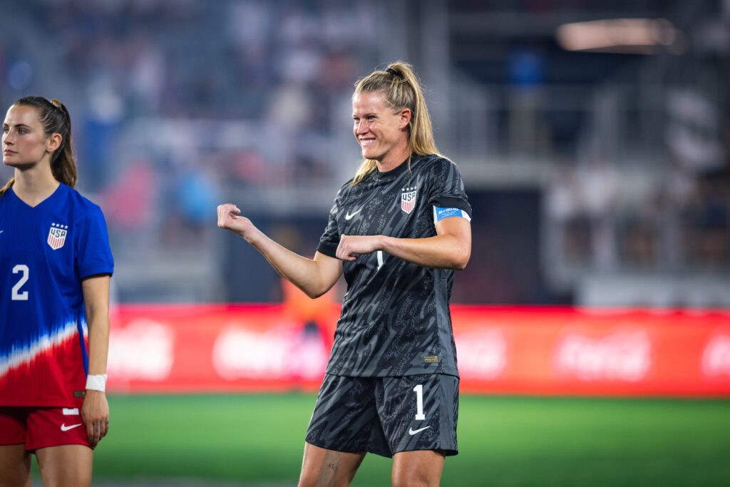USWNT goalkeeper Alyssa Naeher in a match against Costa Rica in 2024. Photo by Domenic Allegra.