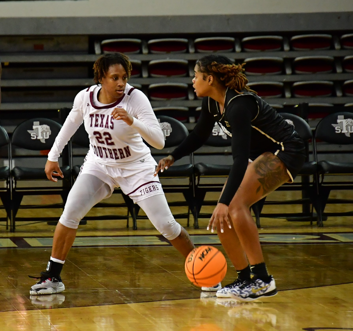 Texas Southern's Courtlyn Loudermill plays defense in a game against CBS Houston on Tuesday, Nov. 26, 2024. (Photo credit: Texas Southern Athletic Communications)