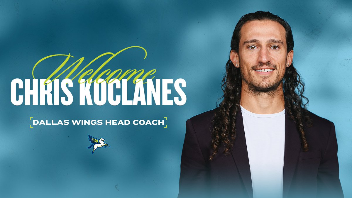 Chris Koclanes smiling with the words "welcome Chris Koclanes, Dallas Wings Head Coach" in background.