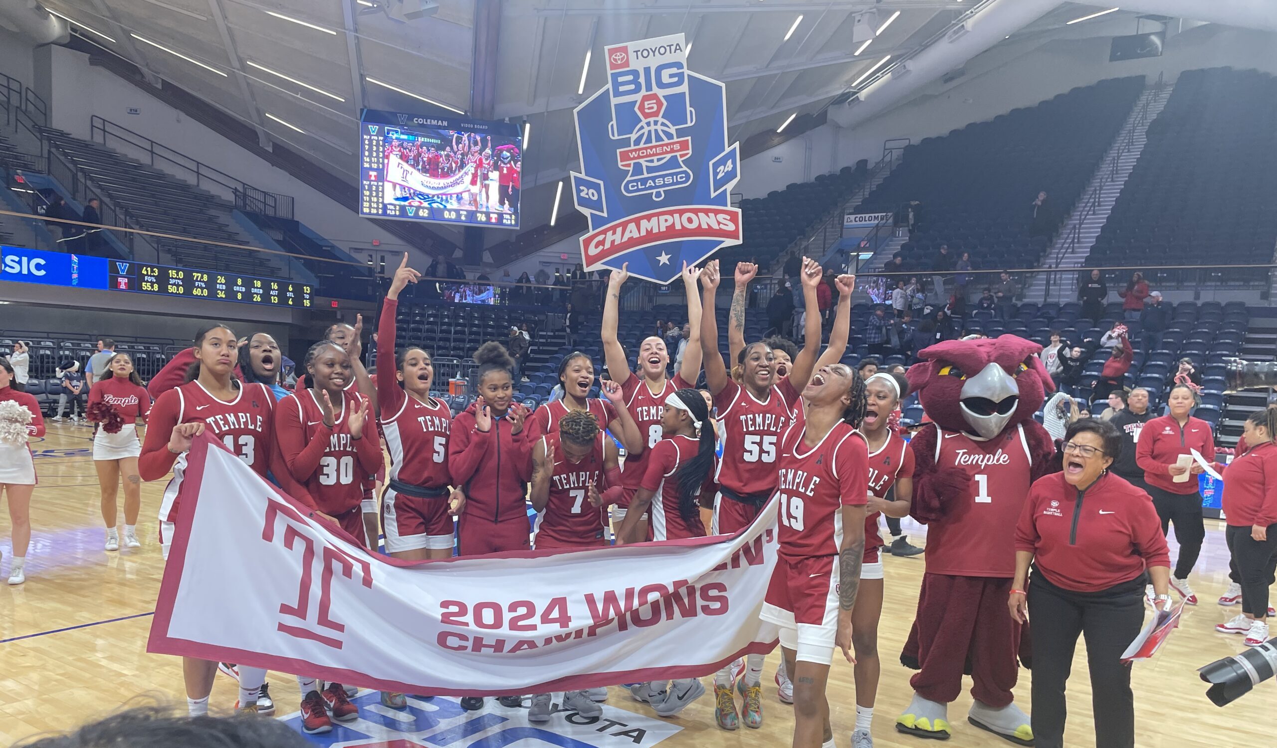 Temple women's basketball celebrates after winning the Big 5 Classic at Villanova on Friday, Dec. 6, 2024.