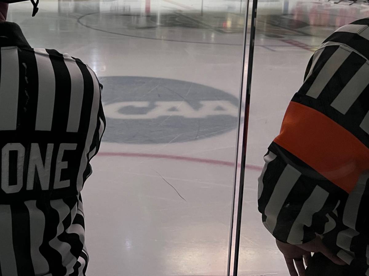 Two officials in black and white stripes with orange armbands are nearly ready for a game to start.