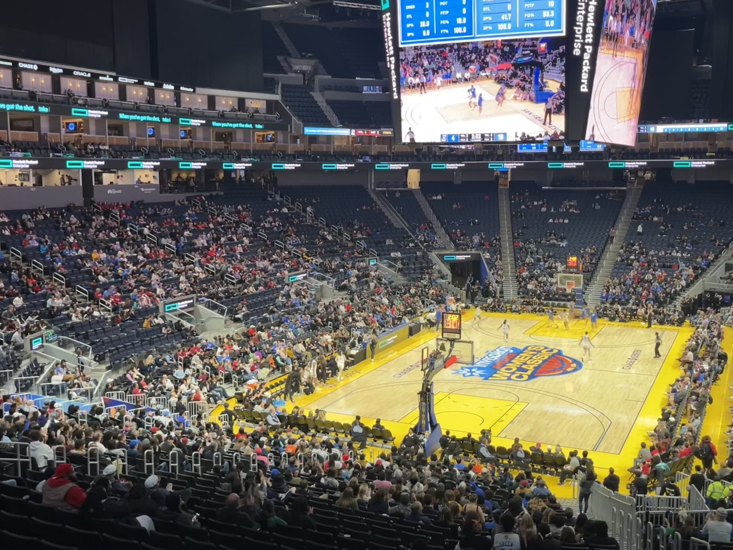 A view from the stands of the court for the Bay Area Women's Classic at the Chase Center.