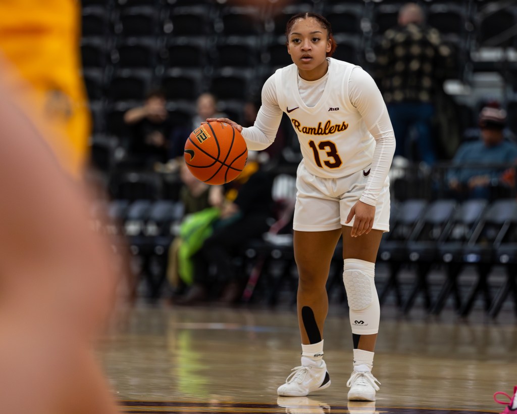 Loyola Chicago point guard Kira Chivers dribbles the ball with her right hand.