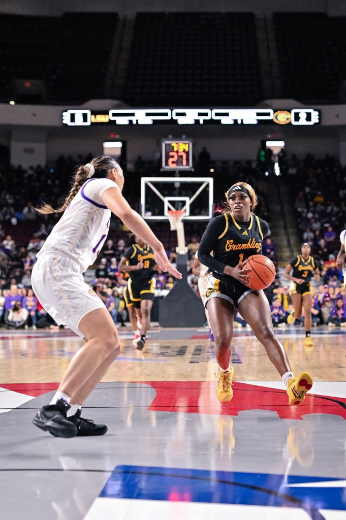 Grambling State's Douthsine Prien comes to a stop against LSU's Last-Tear Pao on Sunday, Dec. 8 in a game in Shreveport, La.