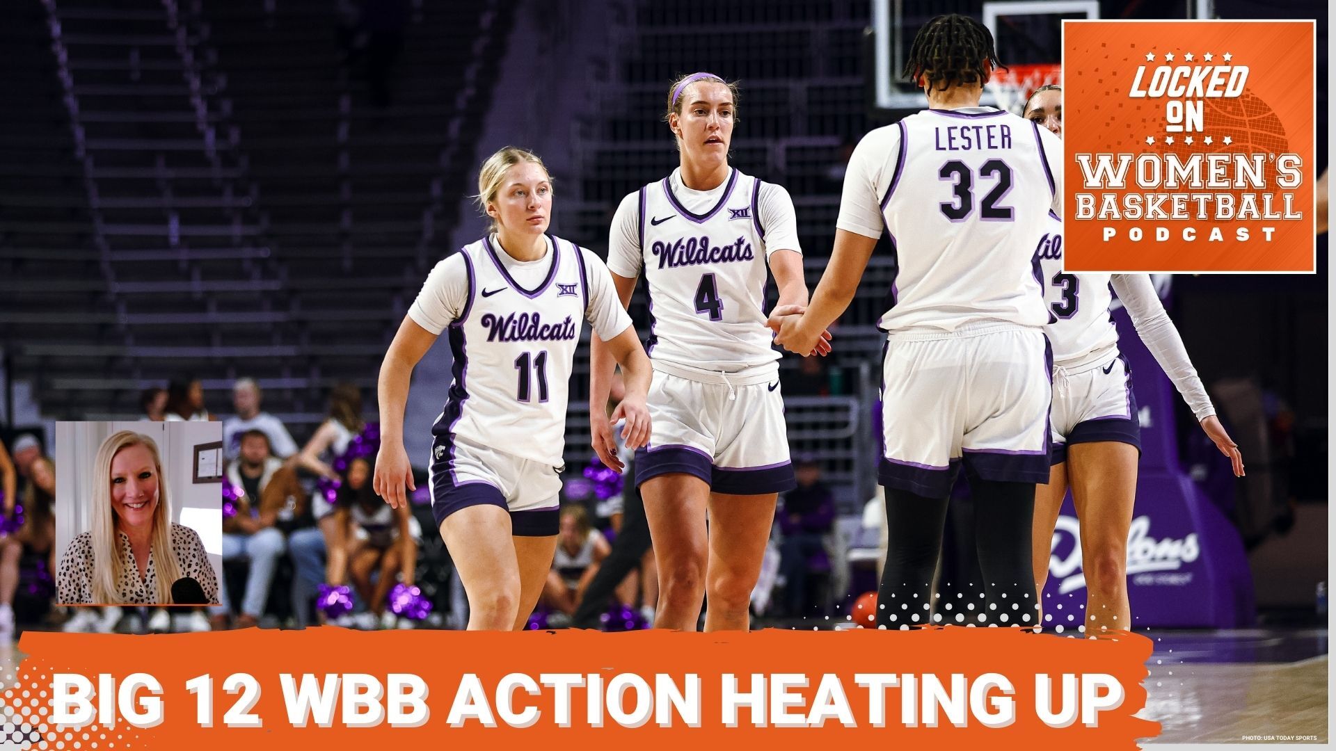 Kansas State basketball players high five in a thumbnail image alongside the text "Big 12 WBB action heating up"