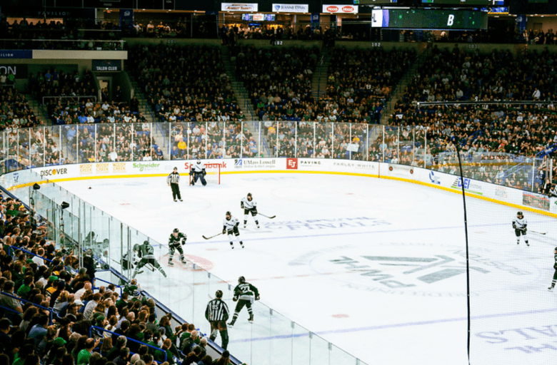 A view from high above the ice of Boston and Minnesota battling on ice at the Tsongas Center.