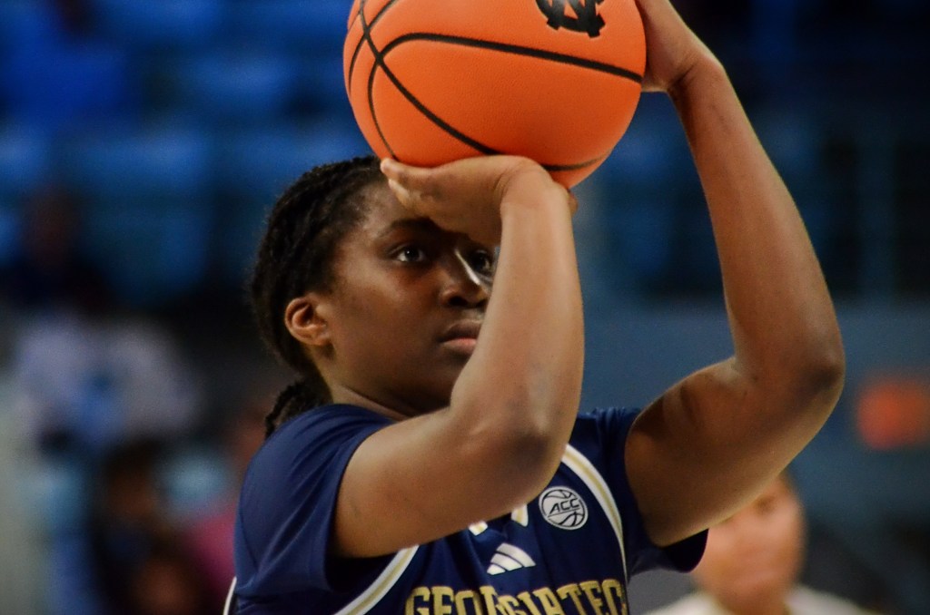 Georgia Tech guard Dani Carnegie lines up a free throw attempt.