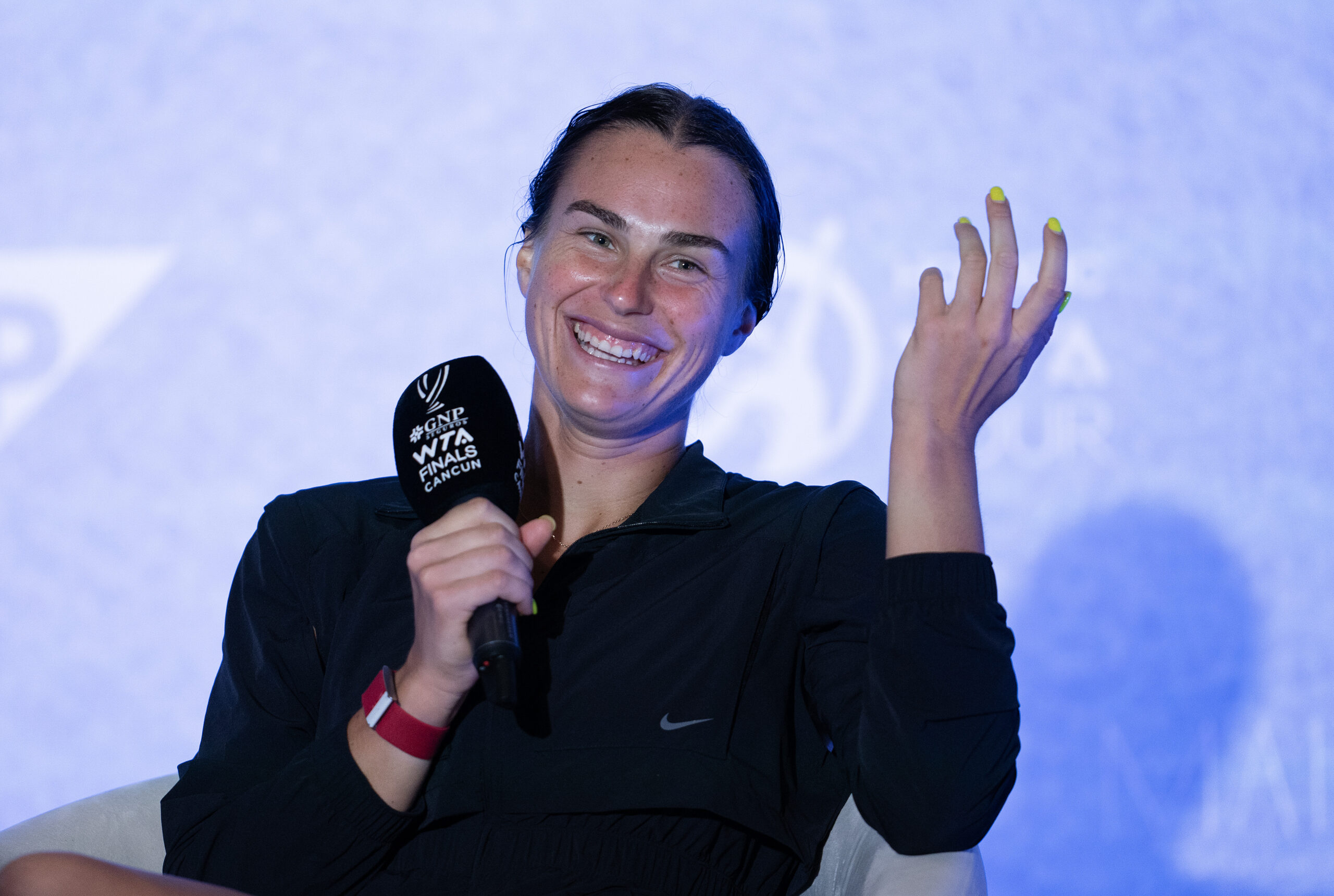 Aryna Sabalenka speaks at the 2023 WTA Finals