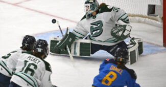 Boston Fleet goalie Aerin Frankel makes a save on a shot