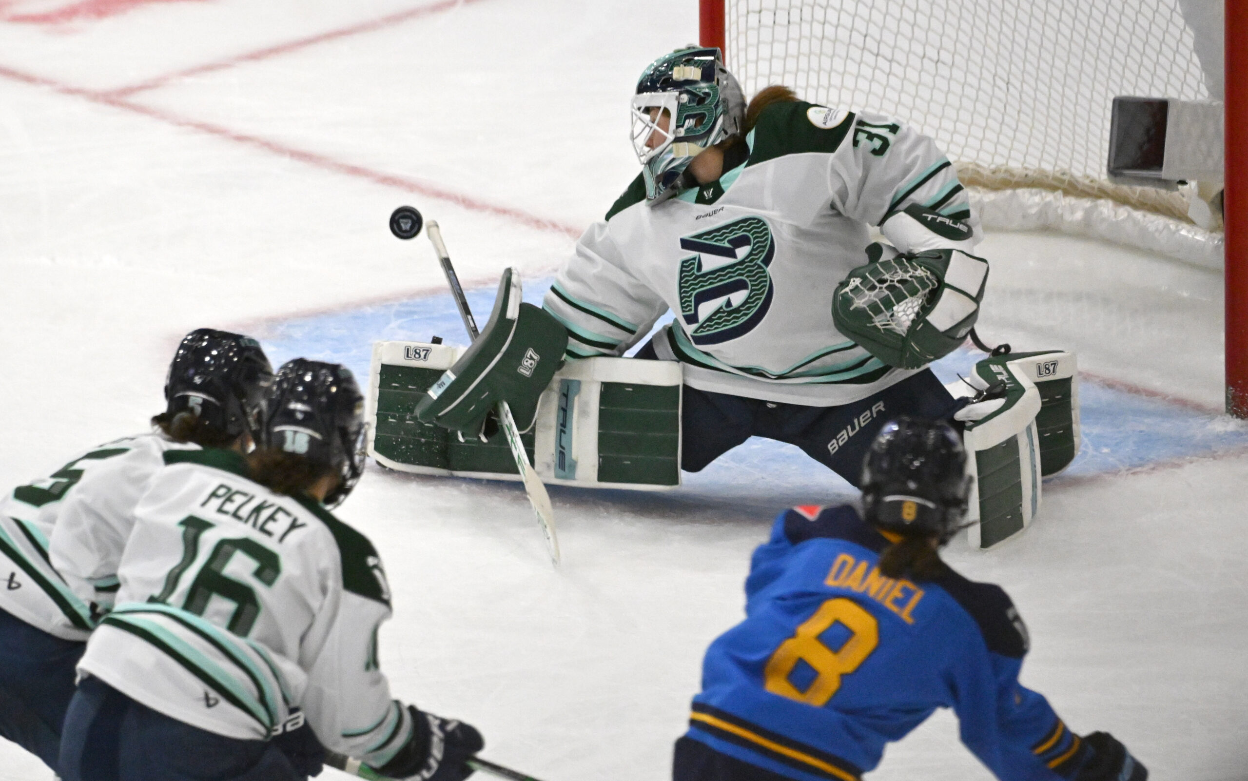 Boston Fleet goalie Aerin Frankel makes a save on a shot