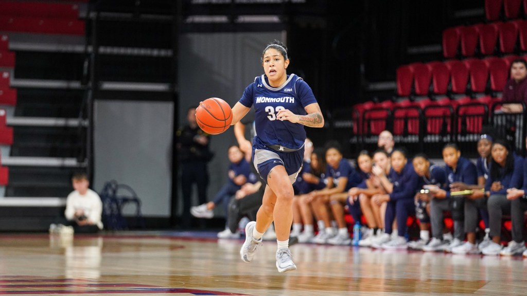 Monmouth guard Damaris Rodriguez dribbles the ball during a game against NJIT on De. (Photo credit: Monmouth Athletic Communications)