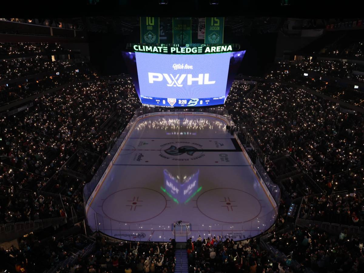 A shot from one end of the ice looking out over the ice and crowd. The lights are out and the fans have light-up wristbands.
