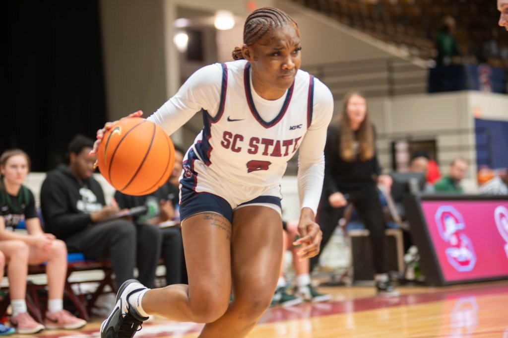 Angie Juste-Jean of South Carolina State drives to the basket during a game earlier this season. (Photo credit South Carolina State Athletics)