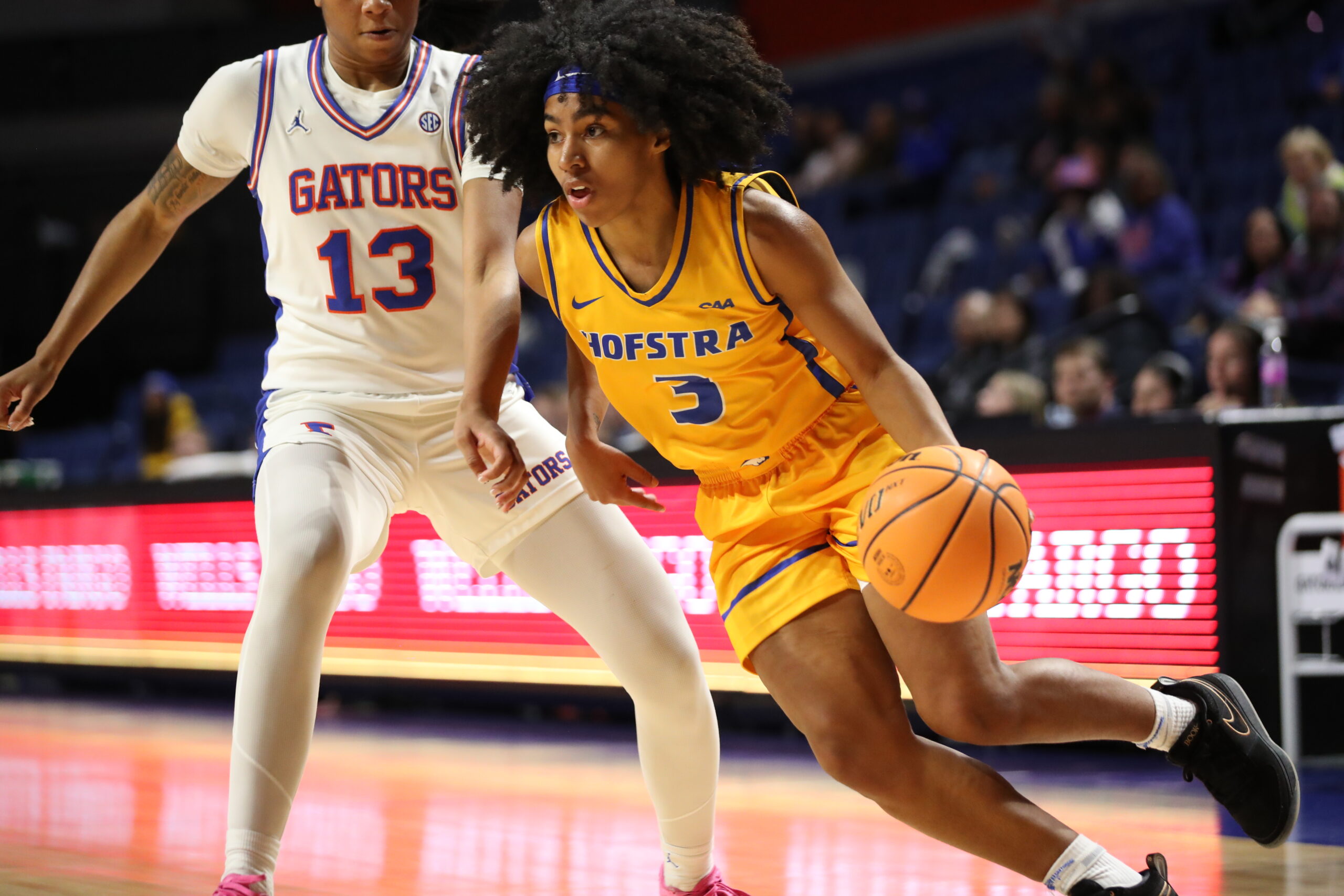 Hofstra's Chloe Sterling drives to the basket in a game against the University of Florida. (Photo credit: Jordan Perez)