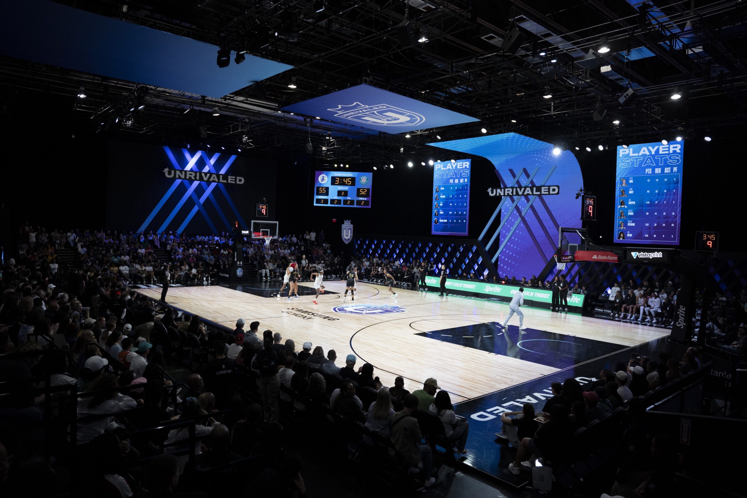The Unrivaled basketball court during a game at Wayfair Arena.