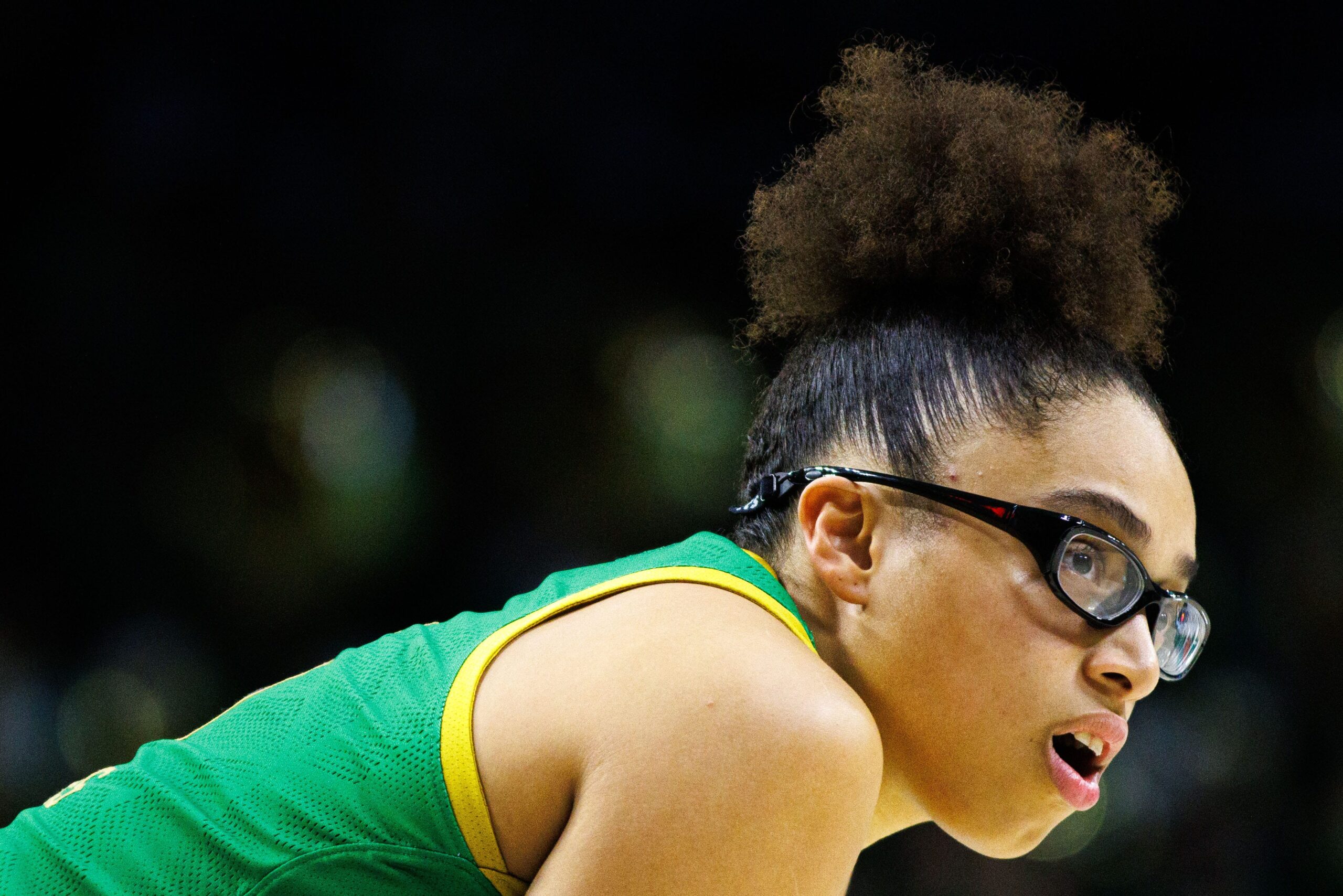 Photo of Notre Dame's Olivia Miles bent over with her hands on her knees between plays.