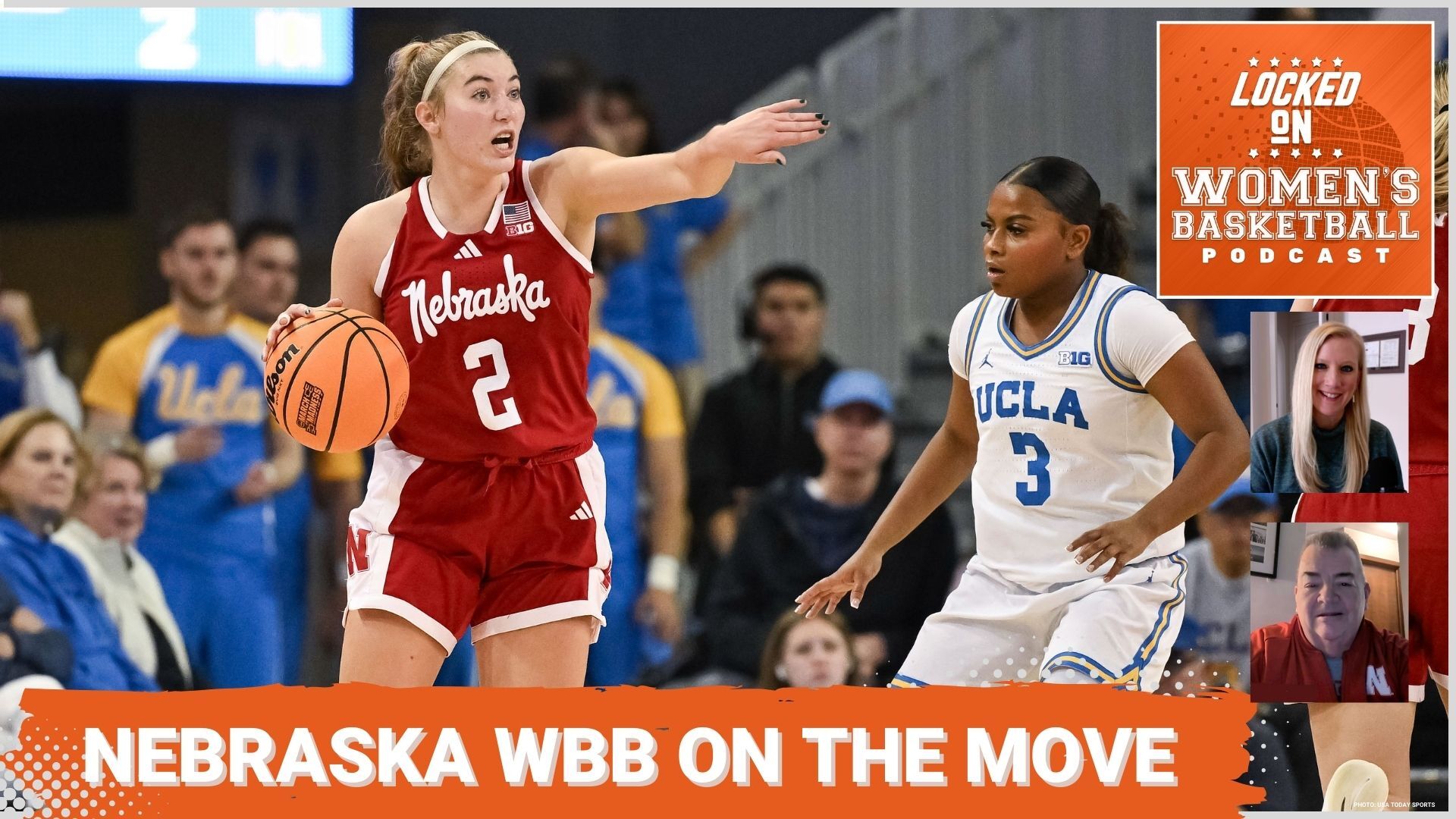 A Nebraska women's basketball player directs the offense against a UCLA defender alongside the Locked on WBB logo and the title "Nebraska WBB on the move"