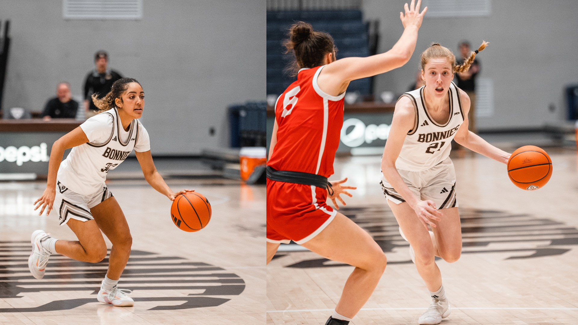 Left photo: St. Bonaventure freshman Zoe Shaw dribbles the ball up the court with her left hand. Right photo: St. Bonaventure freshman Caitlin Frost drives towards the basket with her left hand.