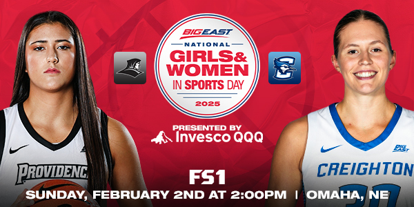 Graphic with two players and a logo in the center advertising BIG EAST National Girls & Women in Sports Day 2025.
