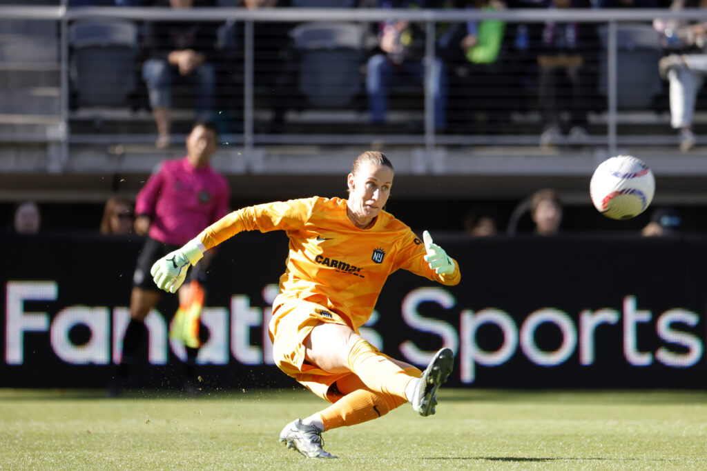 NJ/NY Gotham FC goalkeeper Ann-Katrin Berge kicks a soccer ball
