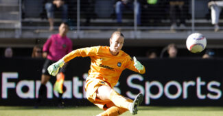 NJ/NY Gotham FC goalkeeper Ann-Katrin Berge kicks a soccer ball