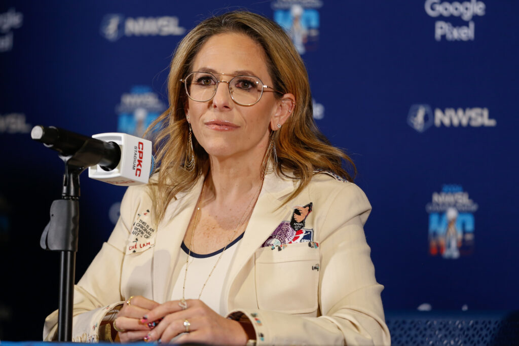 National Women's Soccer League Commissioner Jessica Berman listens to a question during a press conference ahead of the 2024 NWSL championship game at CPKC Stadium in Kansas City, Mo., on Nov. 22, 2024. (Photo credit: Kylie Graham-Imagn Images)